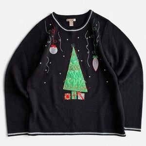 White Stag Women’s Black Knit Embroidered Christmas Tree Applique Sweater